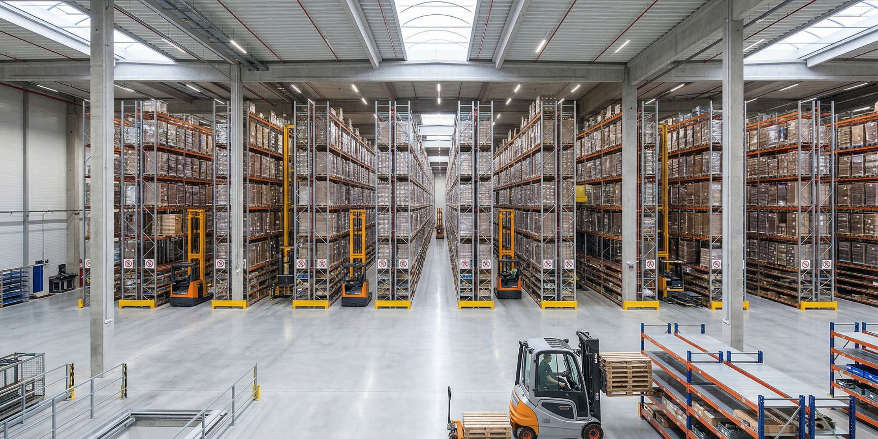 Wide angle over logistics center: Narrow-aisle warehouse with many aisles, in-rack sprinklers, several VNA forklifts and P&D transfer stations for forklifts.